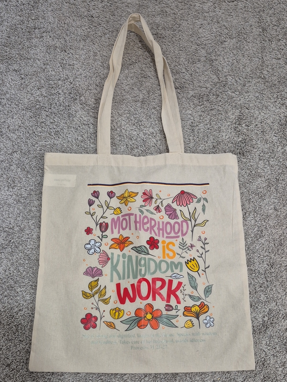 Motherhood Is Kingdom Work Floral Canvas Tote Bag - Natural